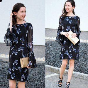 H&M Black/Floral Flounce Sleeved Dress